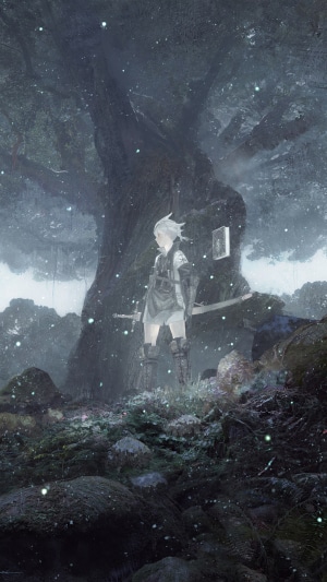 Character from NieR Replicant in a forest