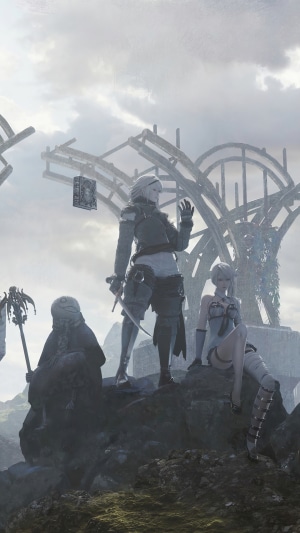 NieR Replicant characters on rocky terrain with ruins