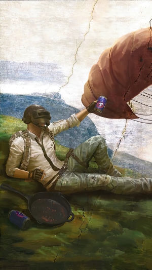 Player from PUBG reaching for a drink from a giant hand