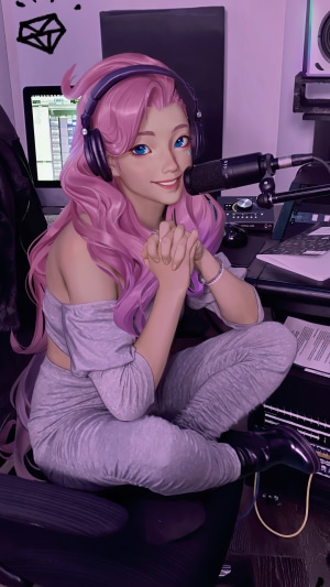 Seraphine from League of Legends in a recording studio