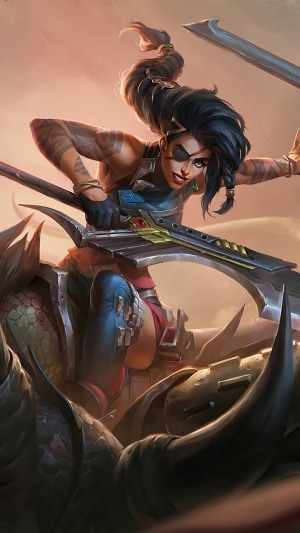 Samira from League of Legends riding a creature