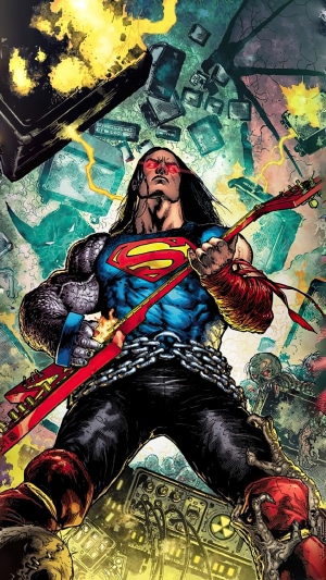 Superman from DC Comics playing a guitar