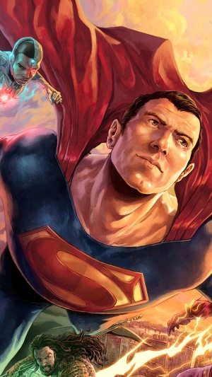 Justice League characters flying in the sky