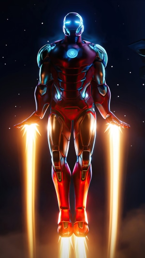 Iron Man from Marvel Comics flying with repulsor blasts