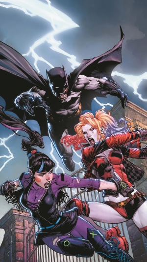 Batman, Harley Quinn, and Punchline in battle