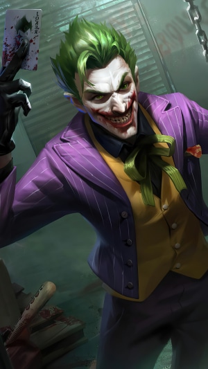 Joker from DC Comics holding a bloody Joker card