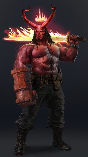 Hellboy from Comics holding a flaming sword