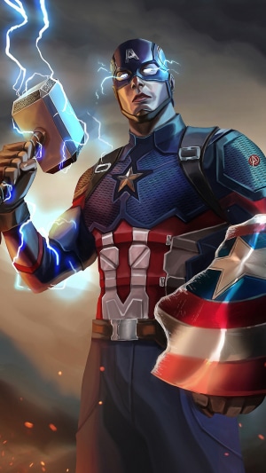 Captain America from Marvel Comics holding Mjolnir with lightning