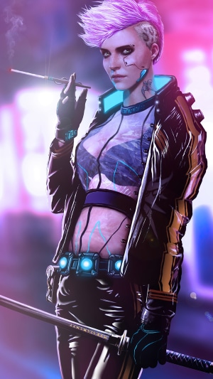 Woman with pink hair and katana from Cyberpunk 2077