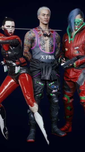 Cyberpunk 2077 characters with swords and guns