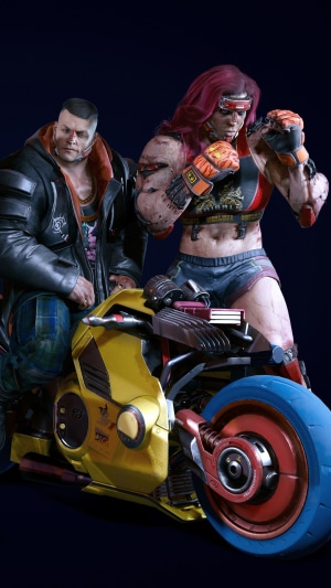 Two characters from Cyberpunk 2077 on a motorcycle