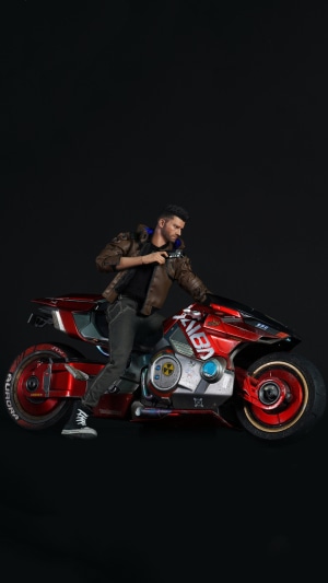 V from Cyberpunk 2077 on a Yaiba Kusanagi motorcycle