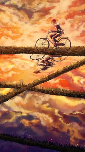 Shoyo Hinata from Haikyuu riding a bicycle at sunset