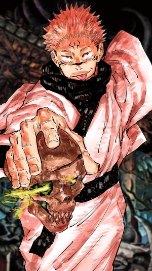 Sukuna from Jujutsu Kaisen holding a skull