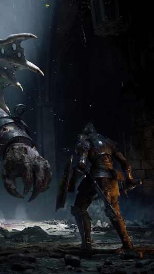 Knight fighting a large monster in Demon's Souls