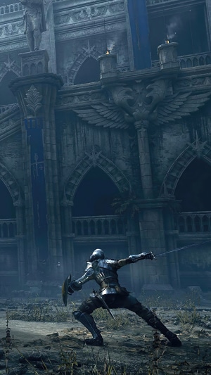 Demon's Souls Knight in front of Gothic Architecture