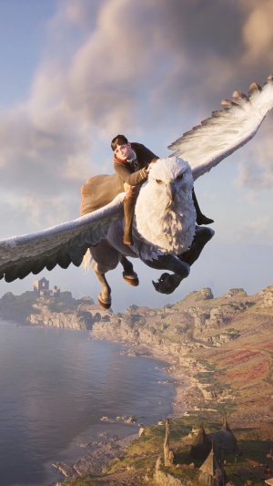 Boy riding a Griffin over Hogwarts Legacy landscape