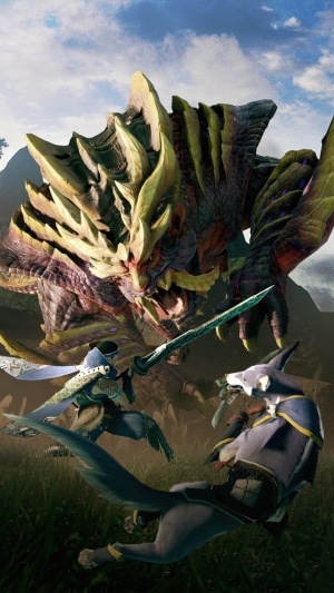 Monster Hunter Rise: Hunter and Felyne fight a monster