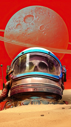 Astronaut helmet with skeleton reflection on alien planet