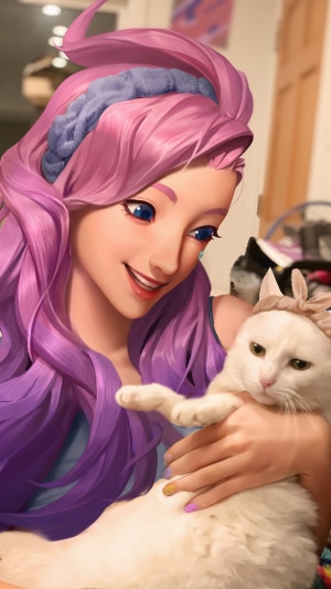 Seraphine from League of Legends holding a cat