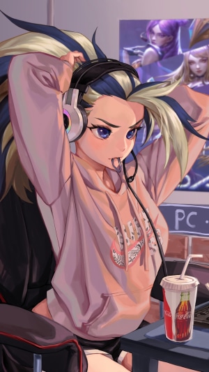 Akali from League of Legends wearing headphones