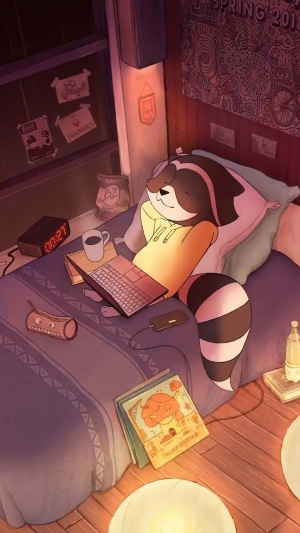 Lofi Raccoon Studying in a Cozy Room