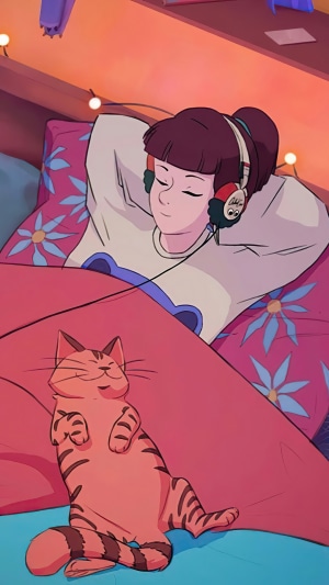 Girl and cat sleeping with headphones
