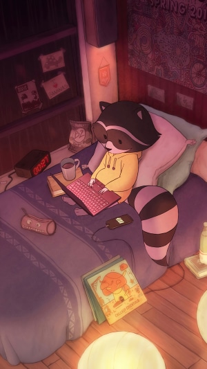 Raccoon using a laptop in a cozy bedroom