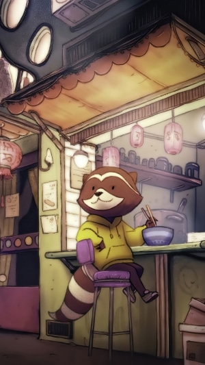 Raccoon eating ramen at a Japanese food stall