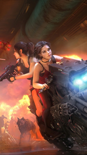 Ada Wong and Claire Redfield on a motorcycle in Resident Evil 2