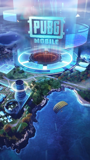 PUBG Mobile holographic logo above a game map