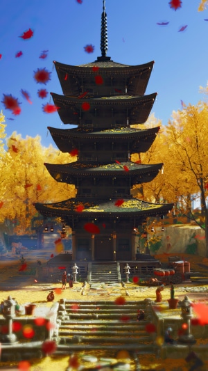 Ghost of Tsushima pagoda with falling leaves