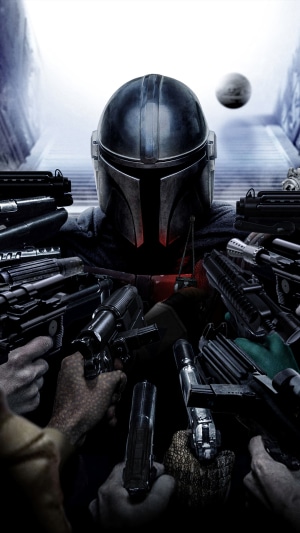 The Mandalorian surrounded by guns