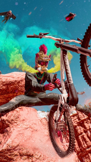 Riders Republic mountain biker with colorful smoke