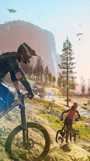 Riders Republic mountain biking and skydiving scene