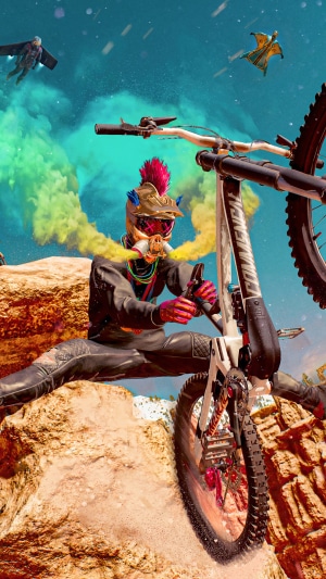 Riders Republic mountain biker with colorful smoke