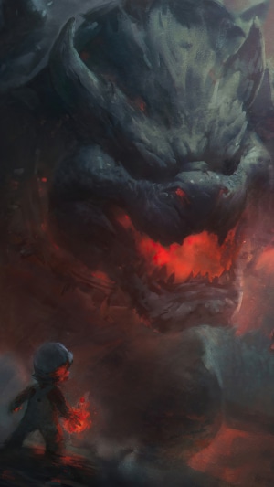 Mario facing a monstrous Bowser in a fiery landscape