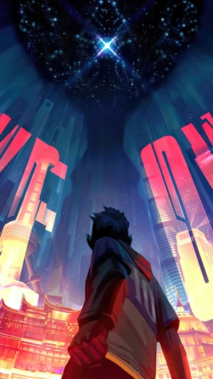 League of Legends character in a futuristic city