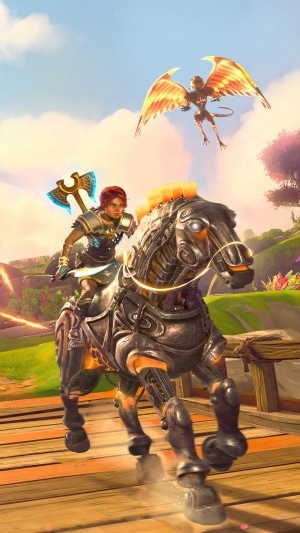 Fenyx from Immortals Fenyx Rising riding a mechanical horse