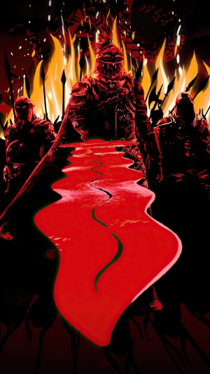 Warmonger from For Honor with army and fire