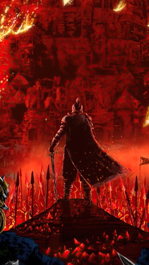 Knight in armor with sword before burning castle in For Honor