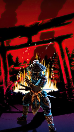 Samurai warrior in front of a torii gate with fire