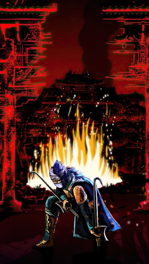 Warrior with swords in front of a burning building in For Honor