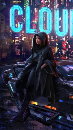 Woman in hooded cloak in front of Cloudpunk sign
