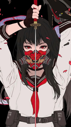 Anime girl in school uniform with a mask and katana