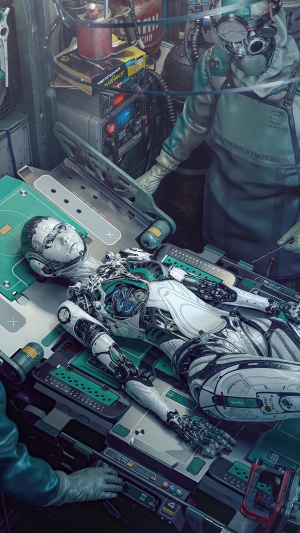 Cyberpunk robot being repaired by a scientist