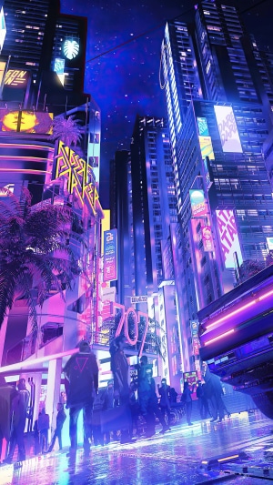 Cyberpunk Cityscape with Neon Lights at Night
