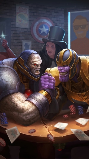 Darkseid and Thanos arm wrestling with Zatanna watching