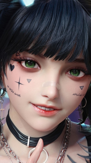 Anime girl with green eyes and black hair