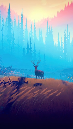 Deer in a misty forest with colorful sky